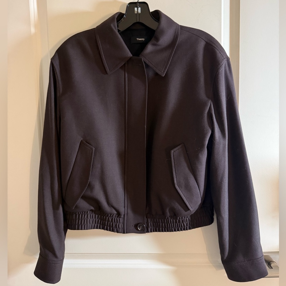 Theory Women's Dark Brown Cropped Track Jacket in Sleek Flannel - Small